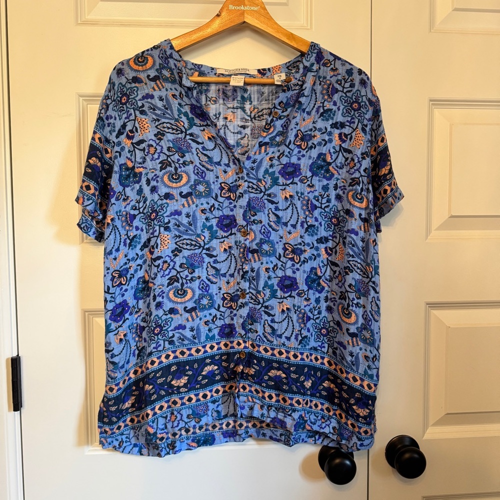 Scotch & Soda Blue Floral V-Neck Blouse Short Sleeve Top Size M / 2 (EU)